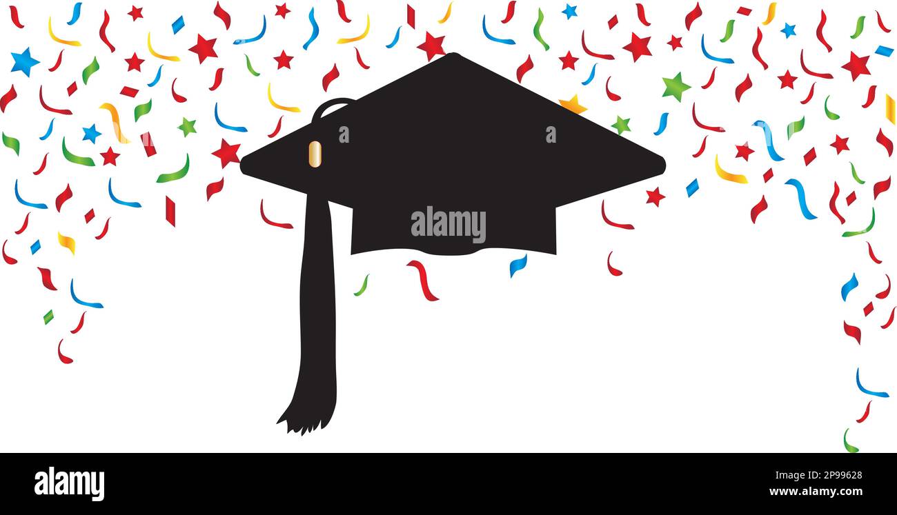 Graduation Cap and Colorful Confetti Background Border Stock Vector