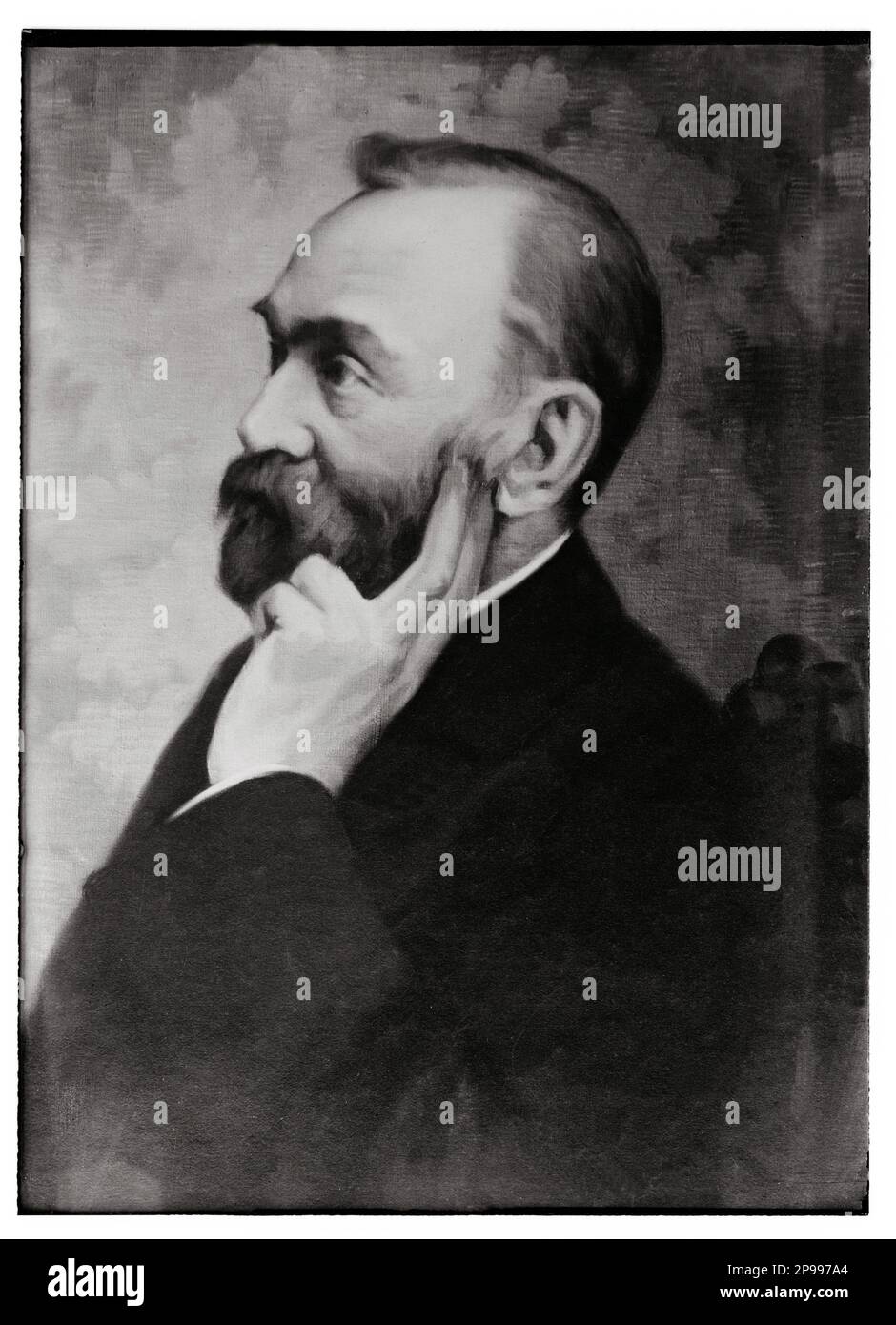 1889 :  Portrait painting of celebrated swedish chimist and  inventor  ALFRED NOBEL ( 1833 - 1896 ) . Engineer, innovator, armaments manufacturer and the inventor of dynamite. He owned Bofors, a major armaments manufacturer, which he had redirected from its previous role as an iron and steel mill. In his last will, he used his enormous fortune to institute the Nobel Prizes . The synthetic element Nobelium was named after him. - foto storiche - foto storica  - scienziato - scientist  - portrait - ritratto  - SCIENZIATO - SCIENTIST - DINAMITE - DYNAMITE  - beard  - PREMIO NOBEL - beard - barba - Stock Photo