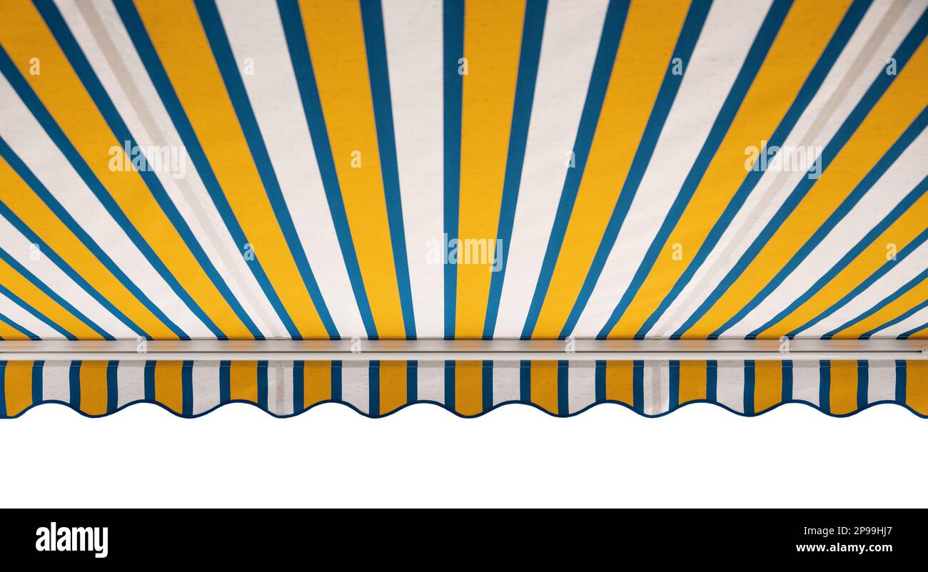 striped fabric sun protection awning on white background Stock Photo