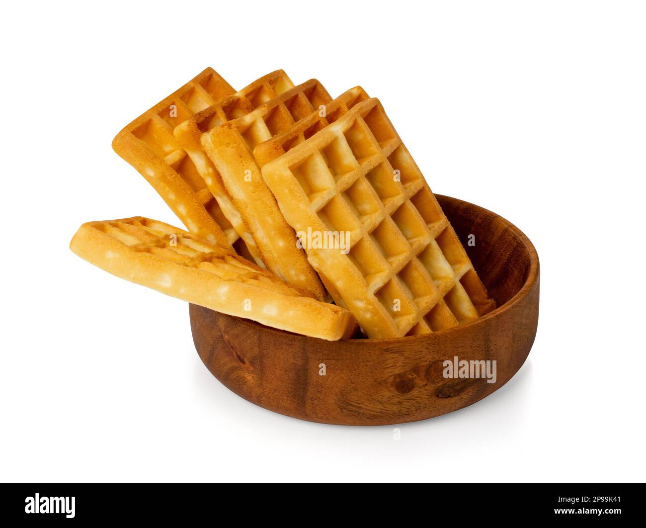 Belgian Waffle Isolated, Square Waffled Cookie in Wood Bowl, Homemade Soft Golden Belgium Waffles, Wafer Biscuit Breakfast on White Background Side Vi Stock Photo