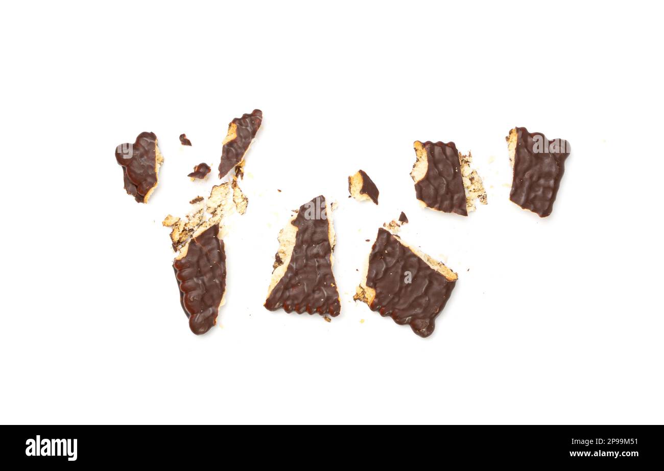 Broken Biscuit Coated in Dark Chocolate Isolated, Crumbled Square