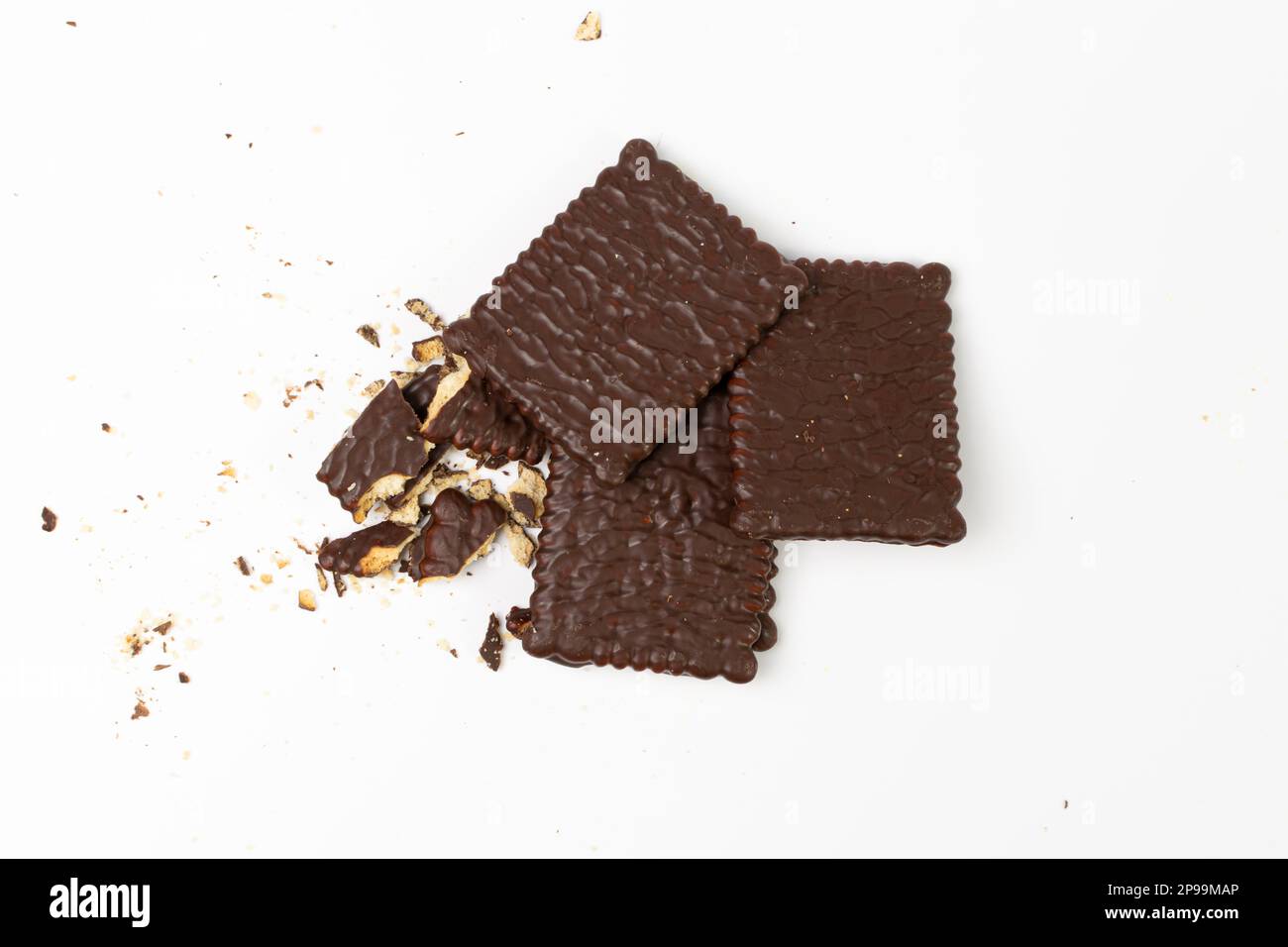 Broken Biscuit Coated in Dark Chocolate Isolated, Crumbled Square Cookies, Rectangular Shortbread Pieces, Crunchy Digestive Cookie Bites, Crumbs on Wh Stock Photo