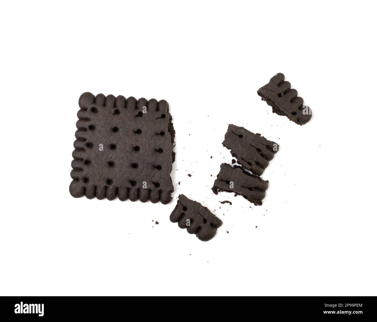 Broken Chocolate Biscuit Isolated, Black Crumbled Cookie, Dark Biscuit Pieces, Square Butter Cookies Bites, Fresh Sweet Cocoa Cracker Crumbs on White Stock Photo