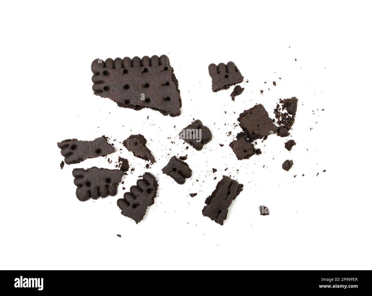 Broken Chocolate Biscuit Isolated, Black Crumbled Cookie, Dark Biscuit Pieces, Square Butter Cookies Bites, Fresh Sweet Cocoa Cracker Crumbs on White Stock Photo