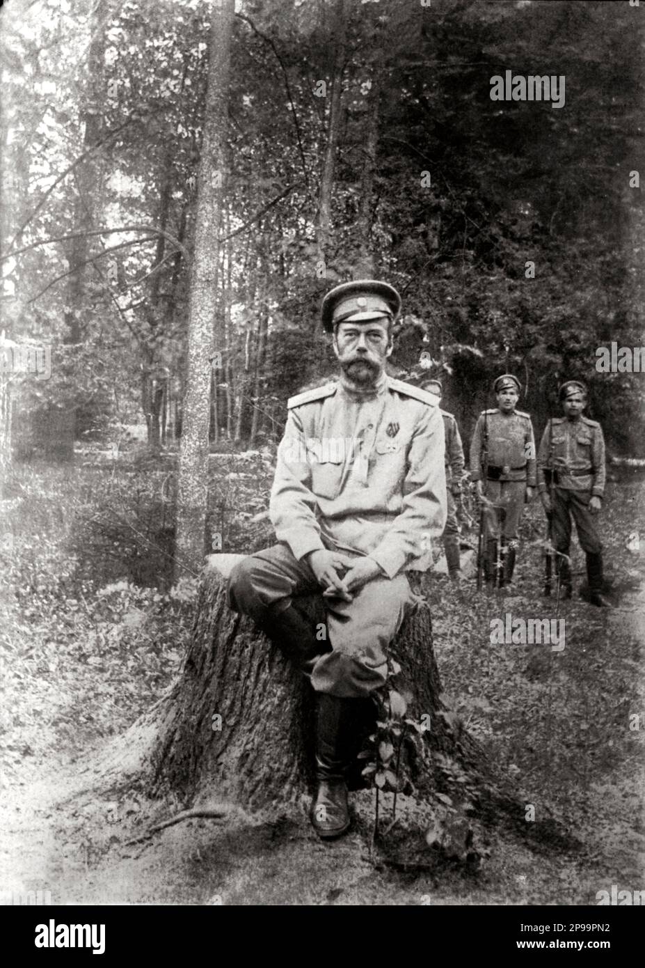 1818  : The russian Tsar Nicholas II of Russia ( May 18, 1868–J uly 17, 1918) ( Nikolay II) in last days of prison . Was the last Emperor of Russia, King of Poland and Grand Duke of Finland . He ruled from 1894 until his forced abdication in 1917 .  Nicholas proved unable to manage a country in political turmoil and command its army in World War I . His rule ended with the Russian Revolution of 1917, after which he and his family were executed by Bolsheviks .  Subsequent to his canonization, he has been regarded as Saint Nicholas The Passion Bearer by the Russian Orthodox Church. - foto storic Stock Photo