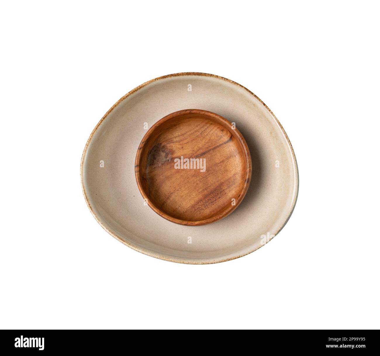 Empty Wood Bowls Isolated, Round Wooden Bowl on White Background Top View, Rustic Kitchen Mockup with Copy Space, Clipping Path Stock Photo