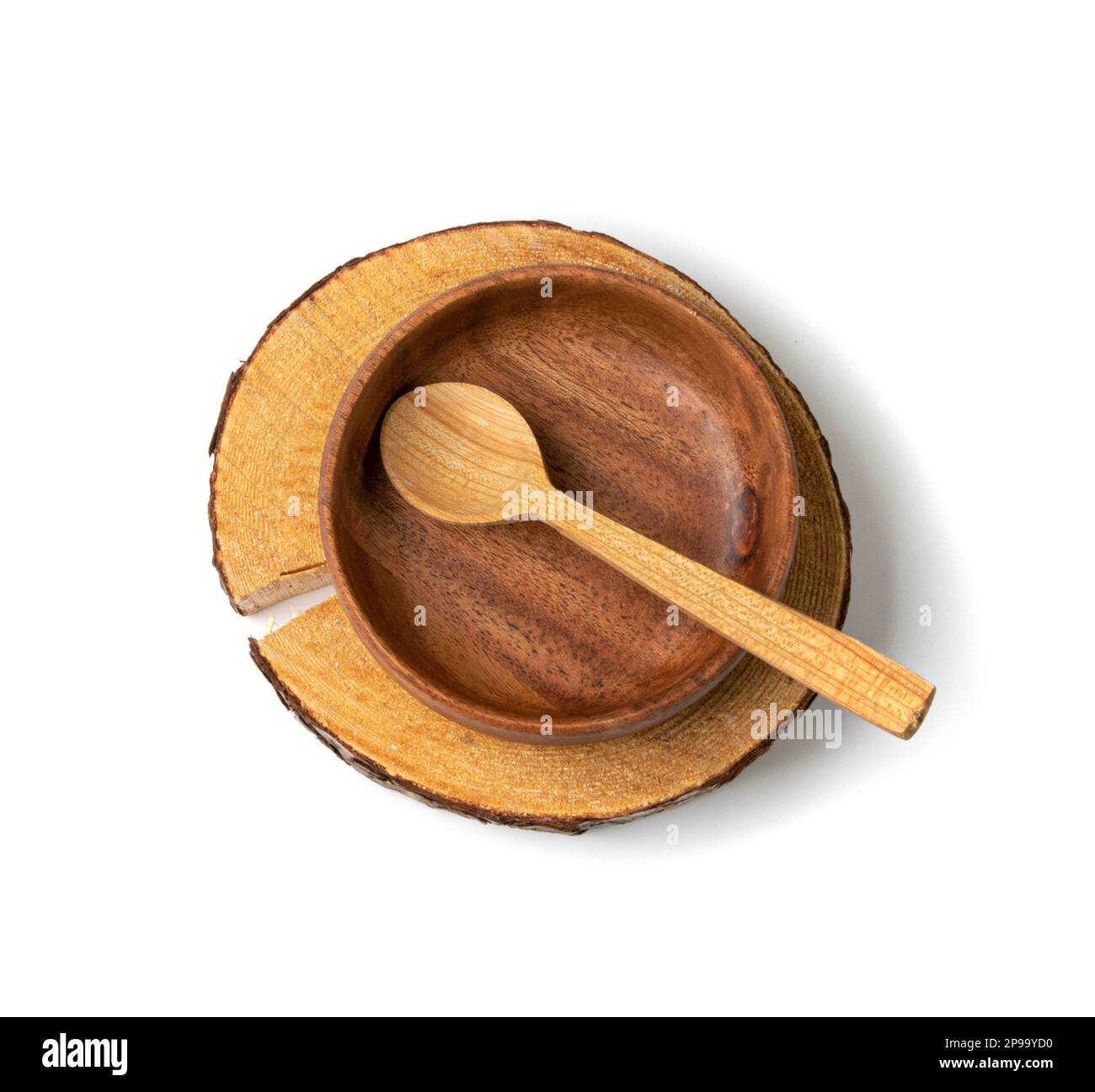 Empty Wood Bowls Isolated, Round Wooden Bowl on White Background Top View, Rustic Kitchen Mockup with Copy Space Stock Photo