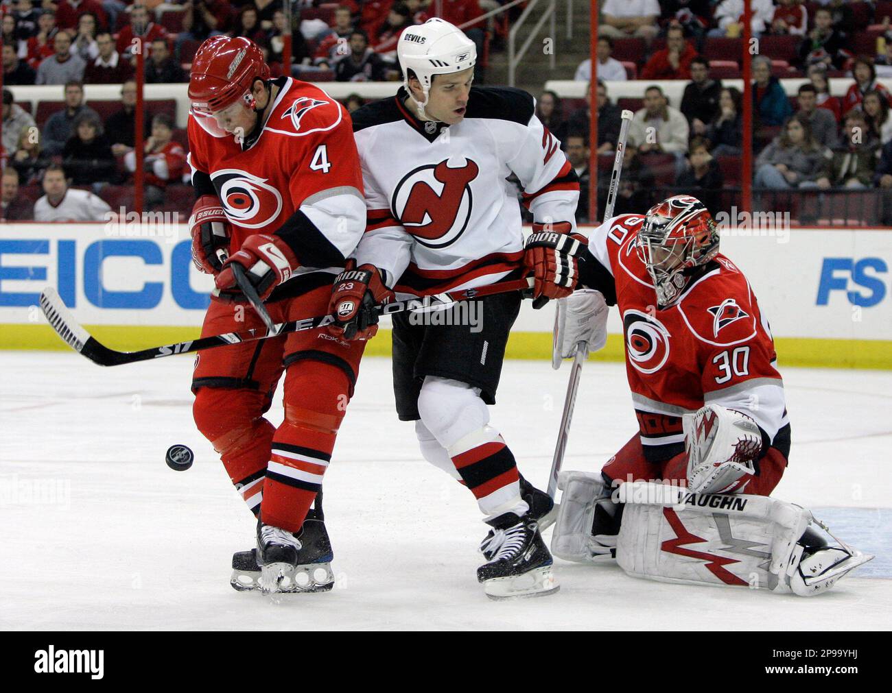 Carolina Hurricanes Dennis Seidenberg 4 of Germany and goalie