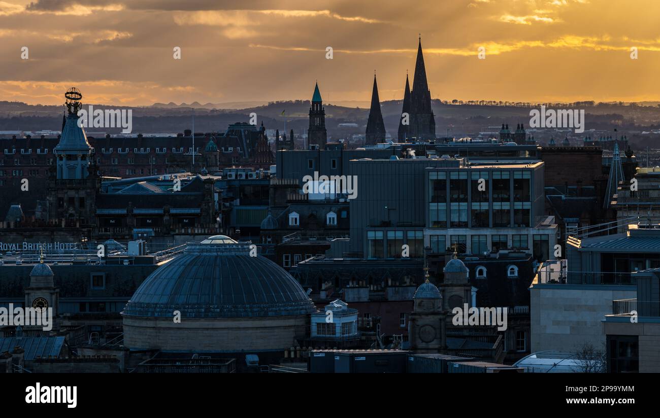Edinburgh, Scotland, UK, 10th March 2023. UK Weather: sunset over city centre: the cold evening and low sunlight seen from Calton Hill. Credit: Sally Anderson/Alamy Live News Stock Photo