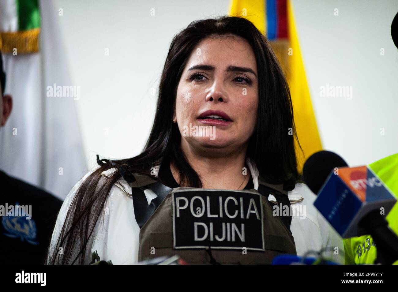 Aida Merlano, former Colombian senator convicted of vote buying and fleeing from justice attends the identification review at the Criminal Investigation Directorate (DIJIN) Headquaters after arriving to Bogota, Colombia March 10, 2023. Photo by: Chepa Beltran/Long Visual Press Stock Photo
