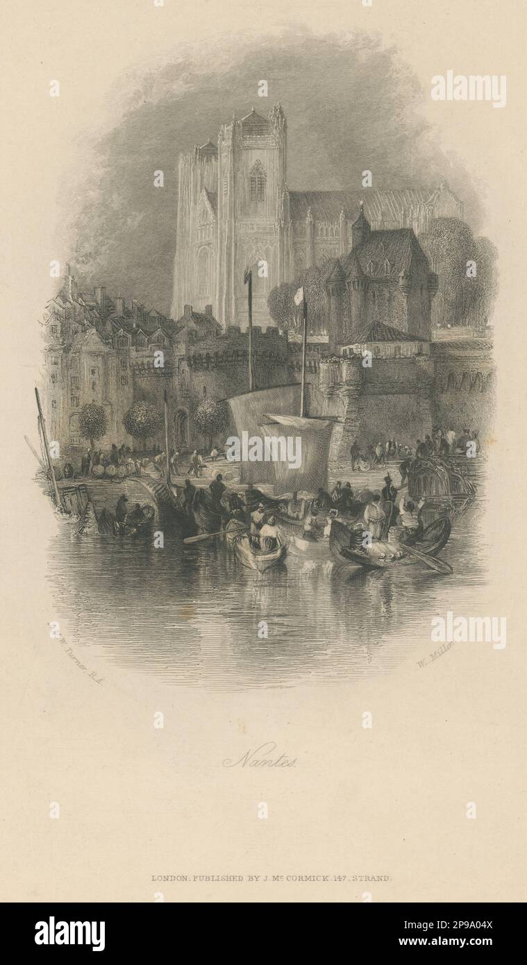 19th century engraved picture of Nantes, France. Drawn by drawn by Joseph Mallord William Turner, engraved by William Miller, published by John McCormick in London. Stock Photo