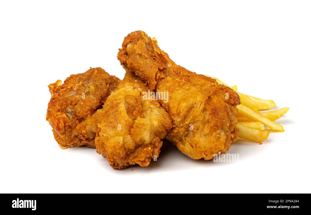 Chicken Legs Isolated, Fry Breaded Drumstick, Deep Fried Chicken Drumsticks on White Background Stock Photo