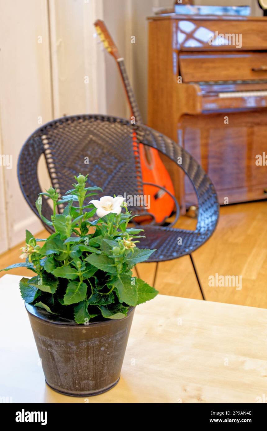 Guitar, chair and a piano in the background in a vintage house in Alesund, Norway. 19th of July 2012 Stock Photo