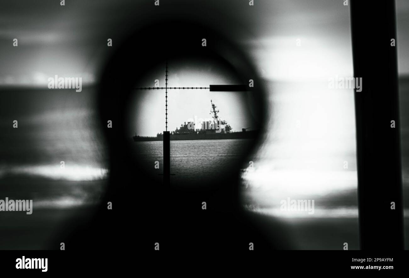 A U.S. vessel is viewed through an optic during Littoral Exercise (LEX) II, on Camp Lejeune, North Carolina, Mar. 6, 2023. During LEX II, Marines and Sailors experimented with new tactics and trained with multi-domain reconnaissance and counter-reconnaissance teams in accordance with Force Design 2030. (U.S. Marine Corps photo illustration by Lance Cpl. Ethan Robert Jones) Stock Photo