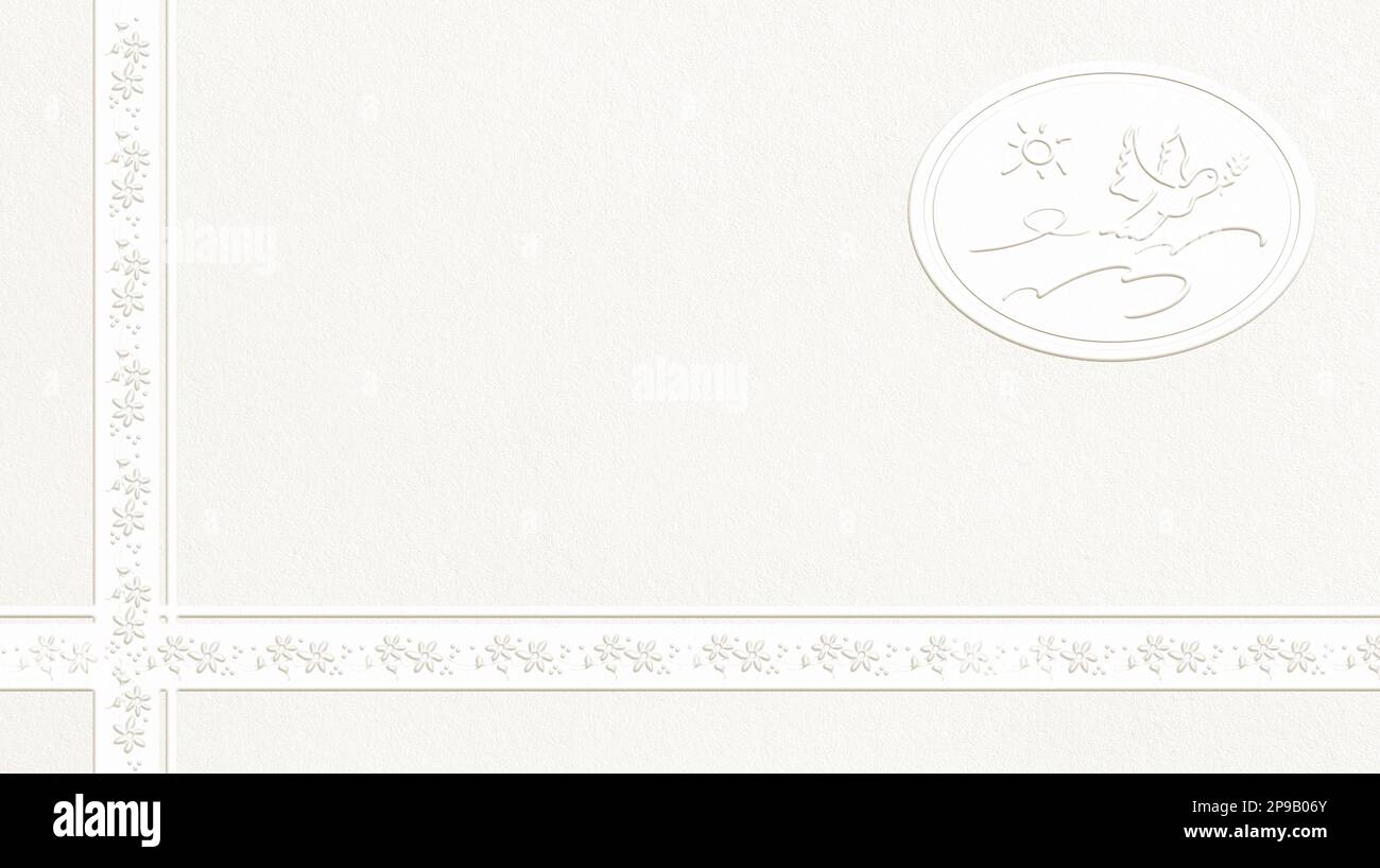 Religious background with a dove with an olive twig in its mouth engraved on a textured white background with flower decoration. Stock Photo