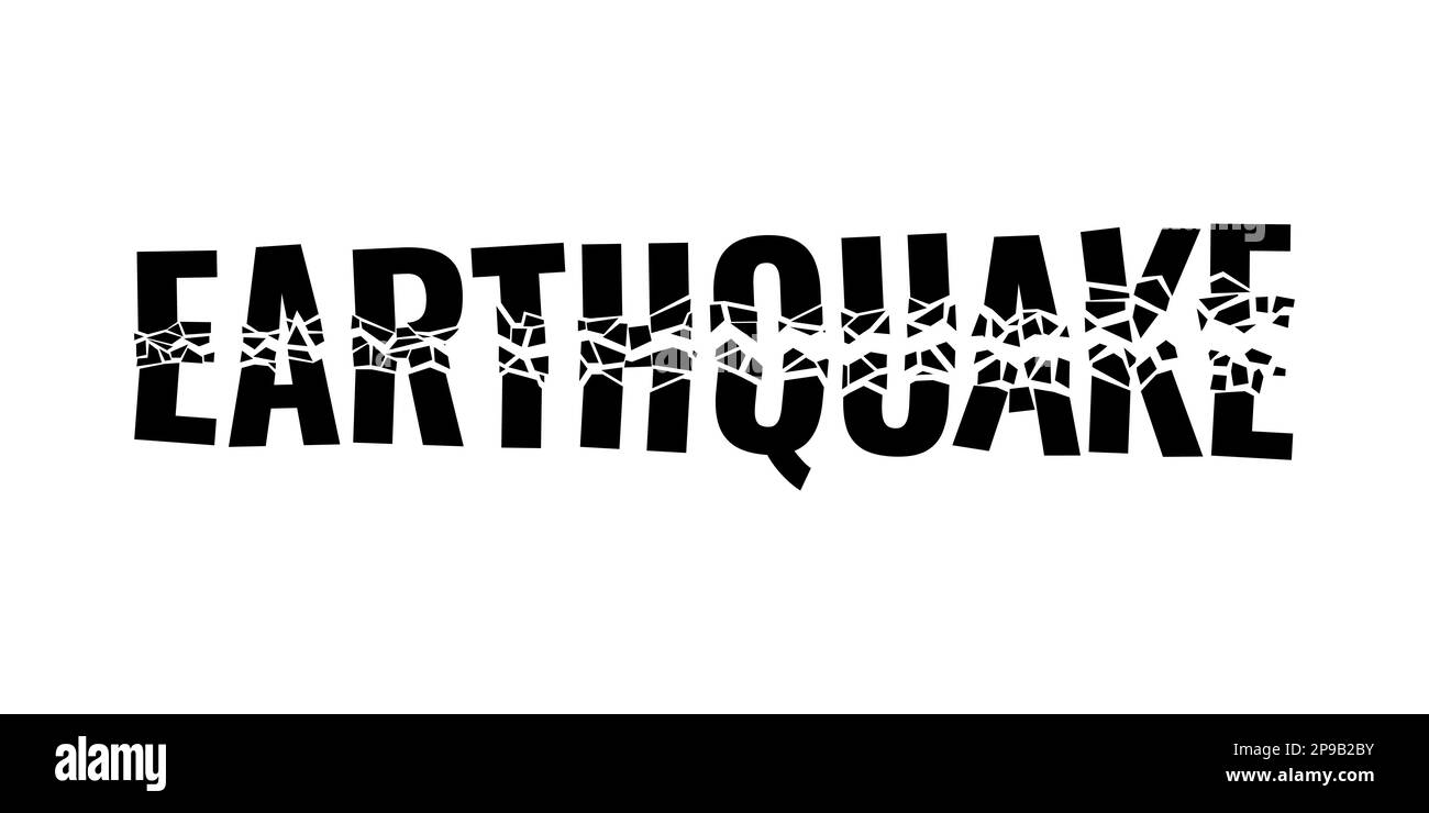 Earthquake broken word split fragments. Seismic ground vibration and damaged concrete destruction symbol. Black inscription with clefts and fissures. Destructed lettering with cracks. Vector eps sign Stock Vector