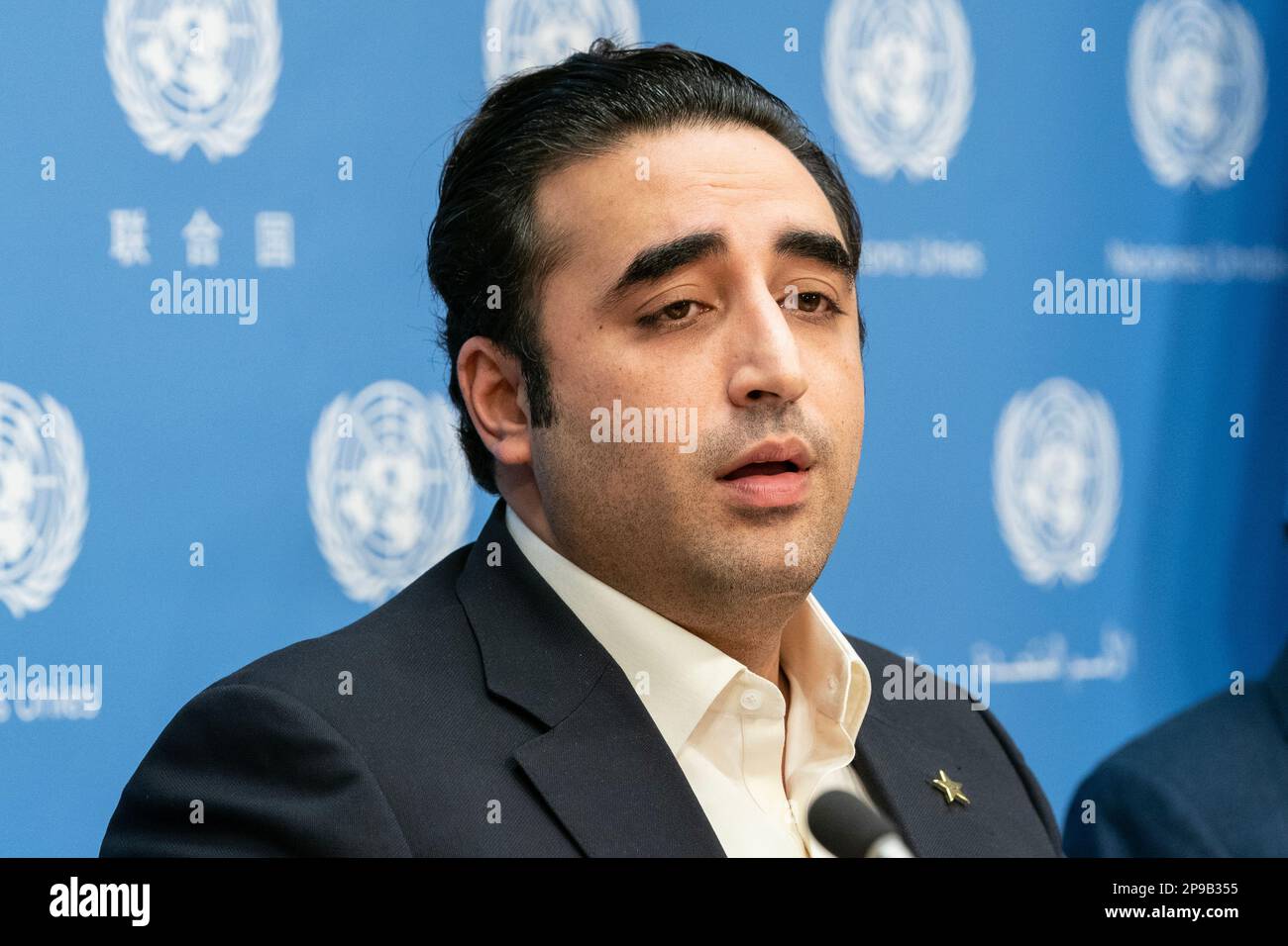 Press briefing by Minister for Foreign Affairs of the Islamic Republic of Pakistan Bilawal Bhutto Zardari at UN Headquarters in New York on March 10, 2023 Stock Photo