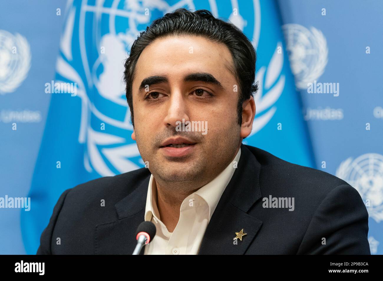 Press briefing by Minister for Foreign Affairs of the Islamic Republic of Pakistan Bilawal Bhutto Zardari at UN Headquarters in New York on March 10, 2023 Stock Photo