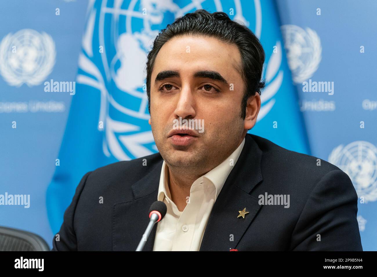 New York, USA. 10th Mar, 2023. Press briefing by Minister for Foreign Affairs of the Islamic Republic of Pakistan Bilawal Bhutto Zardari at UN Headquarters in New York on March 10, 2023. (Photo by Lev Radin/Sipa USA) Credit: Sipa USA/Alamy Live News Stock Photo