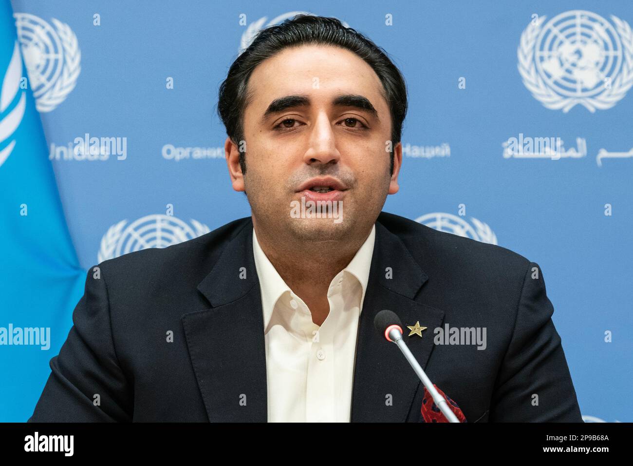 New York, USA. 10th Mar, 2023. Press briefing by Minister for Foreign Affairs of the Islamic Republic of Pakistan Bilawal Bhutto Zardari at UN Headquarters in New York on March 10, 2023. (Photo by Lev Radin/Sipa USA) Credit: Sipa USA/Alamy Live News Stock Photo