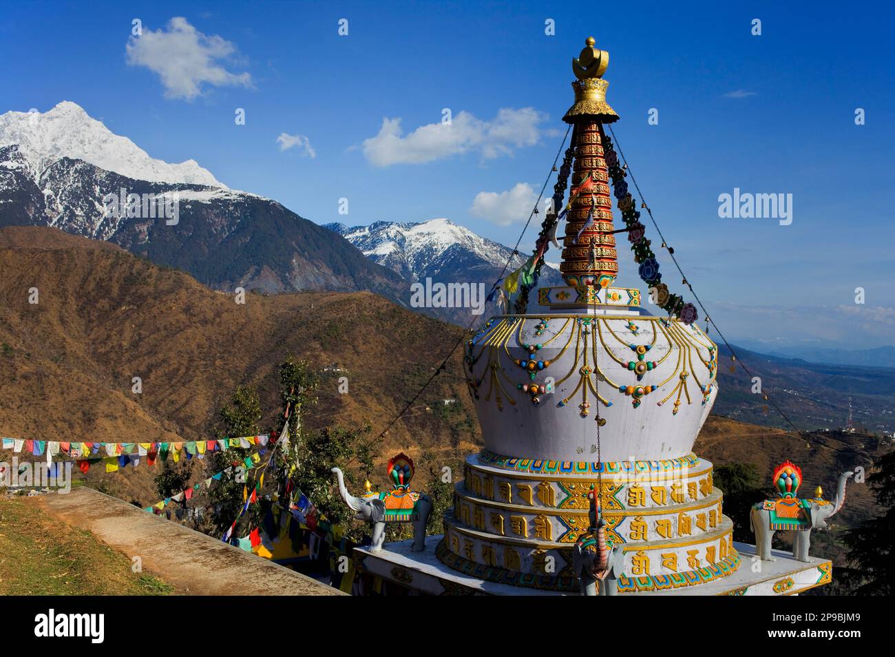Stupa in Lhagyal Ri,near Tsuglagkhang complex.In background the Himalaya mountains.McLeod Ganj, Dharamsala, Himachal Pradesh state, India, Asia Stock Photo