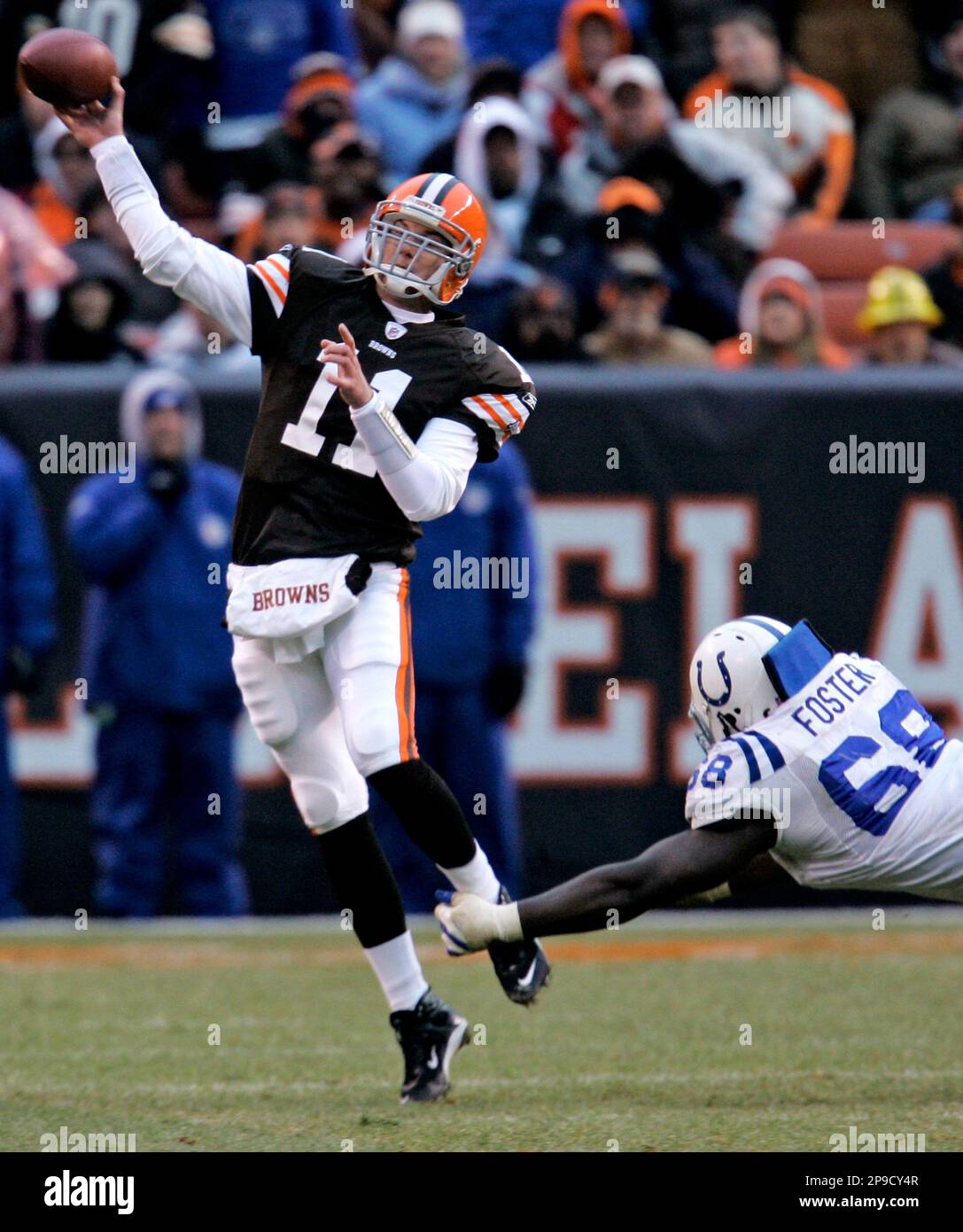 Cleveland Browns quarterback Ken Dorsey throws an incomplete pass under  pressure from Indianapolis Colts defensive tackle Eric Foster during the  fourth quarter in an NFL football game Sunday, Nov. 30, 2008, in