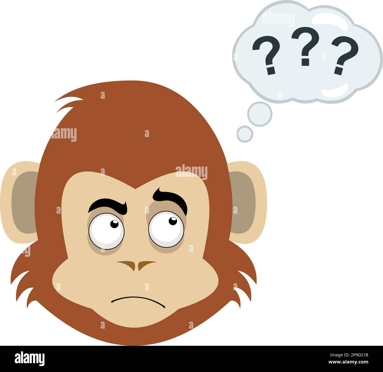 vector illustration face of a cartoon monkey with a thinking expression or doubt, with a cloud of thinking with question marks Stock Vector
