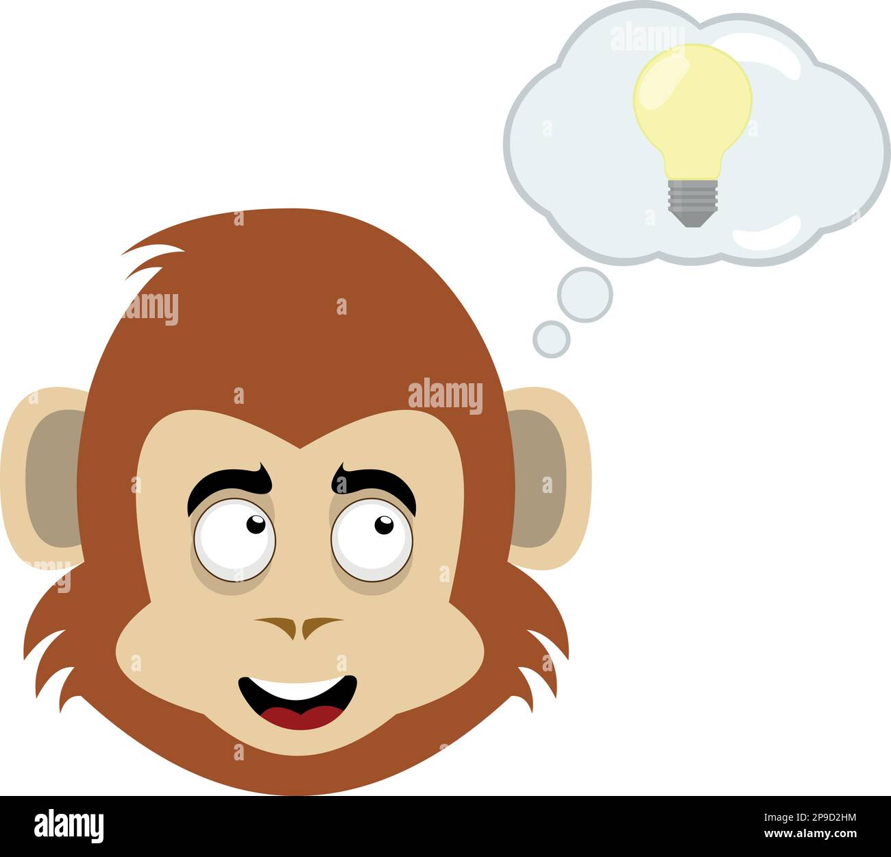 vector illustration face of a monkey cartoon with a cloud thought with a light bulb, in concept of good idea, creativity and innovation Stock Vector