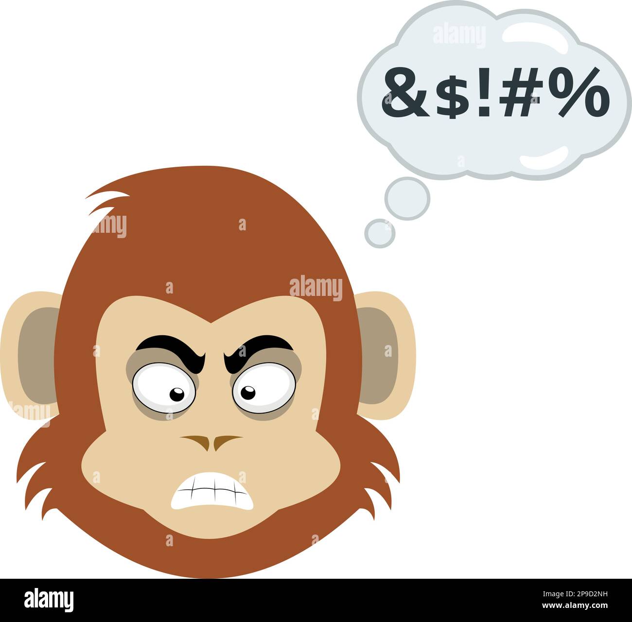 vector illustration face of a cartoon monkey with an angry expression, with a cloud thought with an insult text Stock Vector