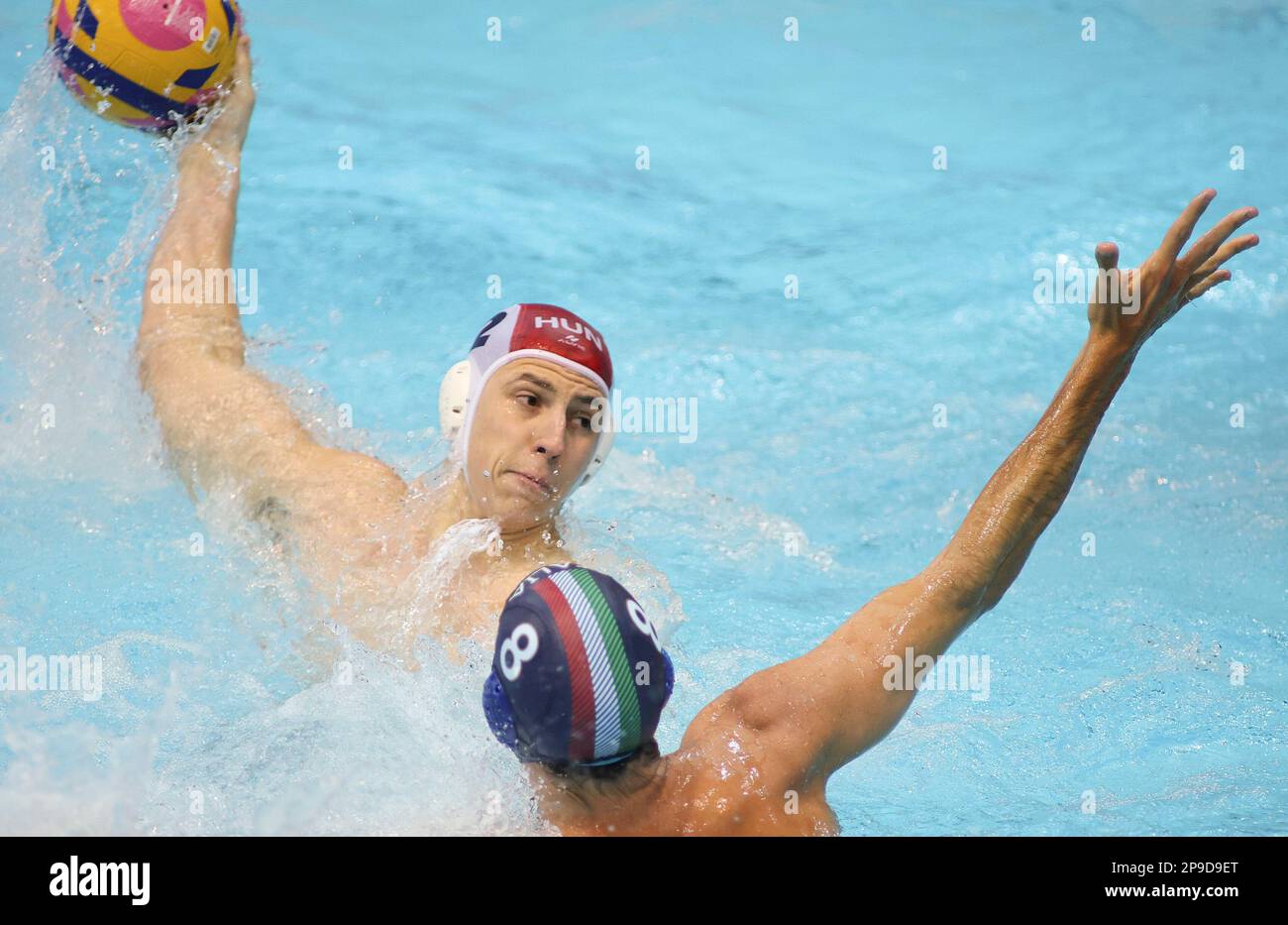 Zagreb, Croatia. 10th Mar, 2023. Daniel Angyal (L) of Hungary shoots during the Men's Water Polo World Cup match between Hungary and Italy in Zagreb, Croatia, on March 10, 2023. Credit: Marko Prpic/PIXSELL via Xinhua/Alamy Live News Stock Photo