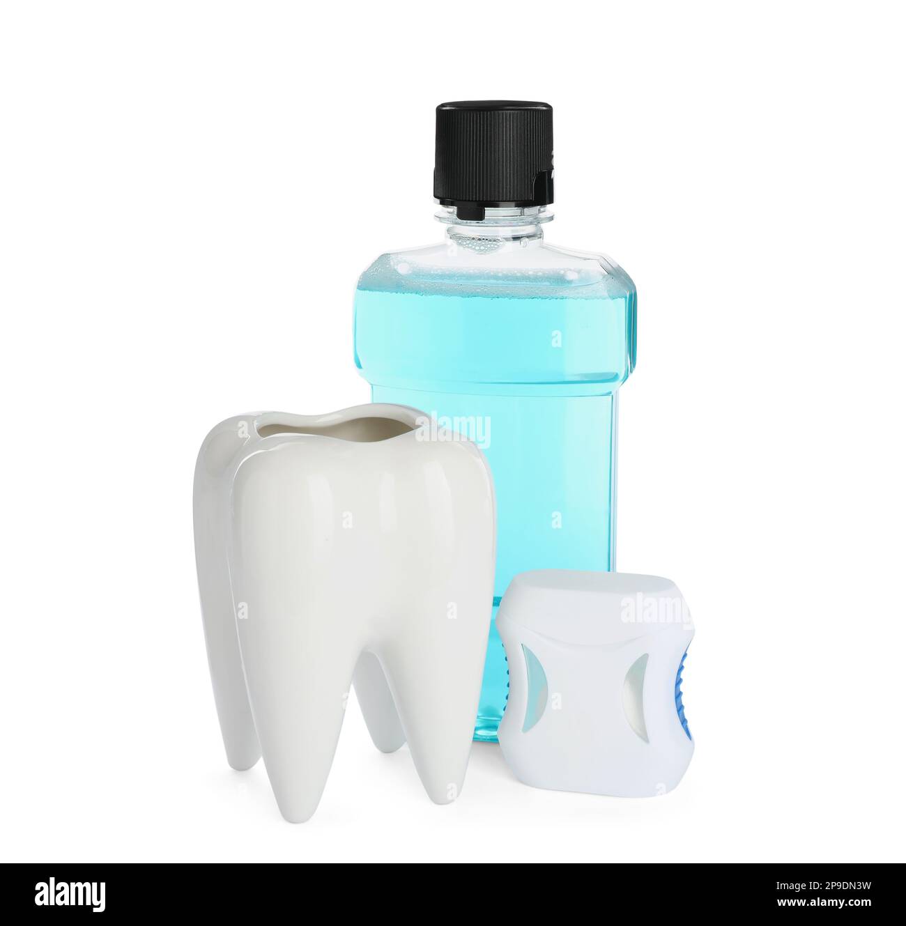 Tooth shaped holder, dental floss and mouthwash on white background