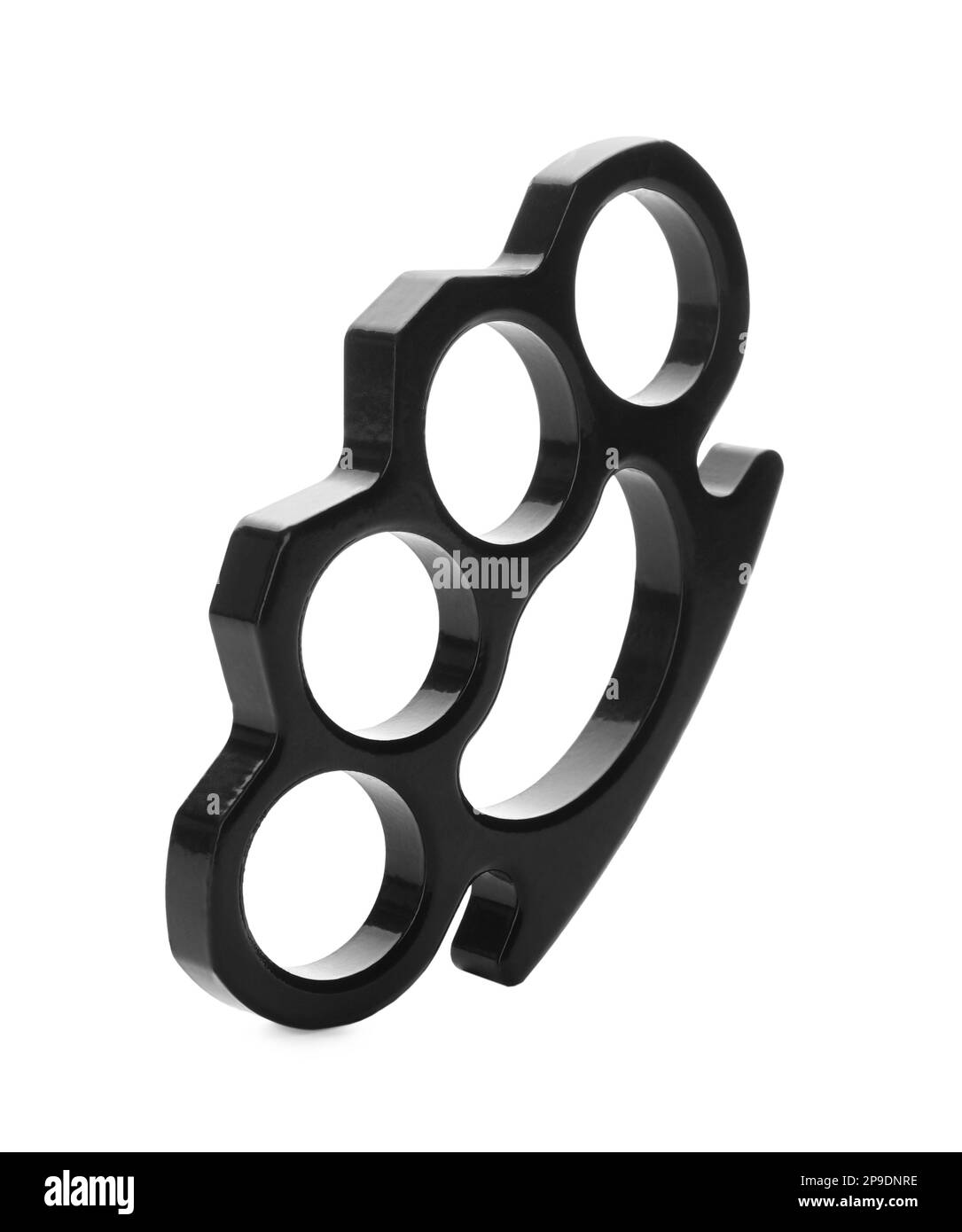 Black Brass Knuckles and Gun on White Background, Top View Stock