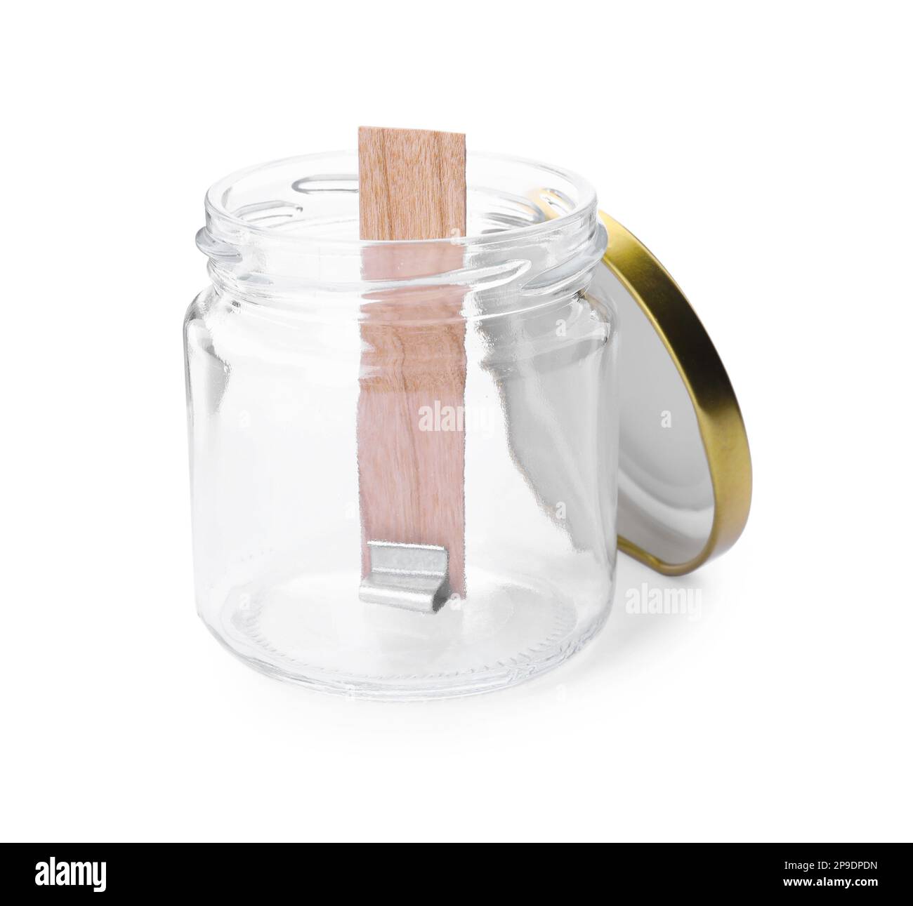 Glass jar with wooden wick and lid on white background. Making homemade ...