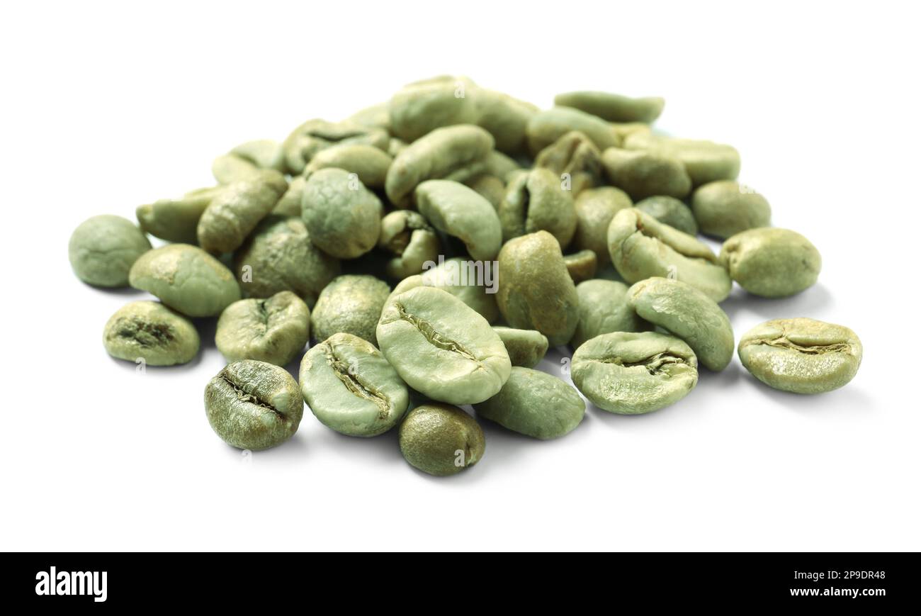 Pile of green coffee beans on white background Stock Photo Alamy