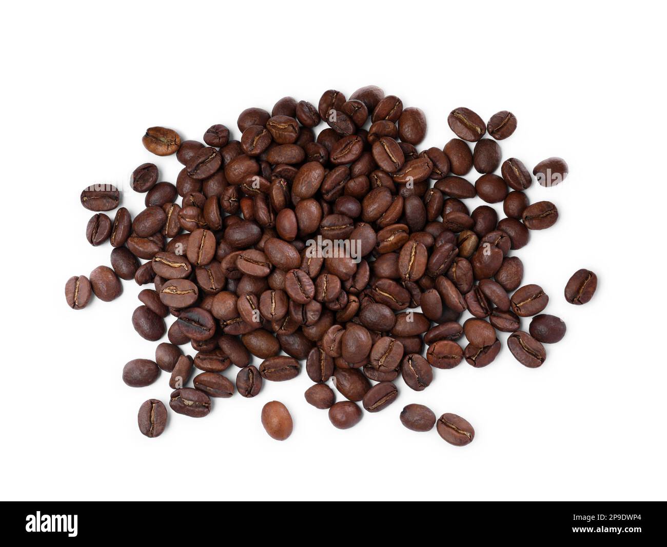 Pile of roasted coffee beans on white background, top view Stock Photo ...
