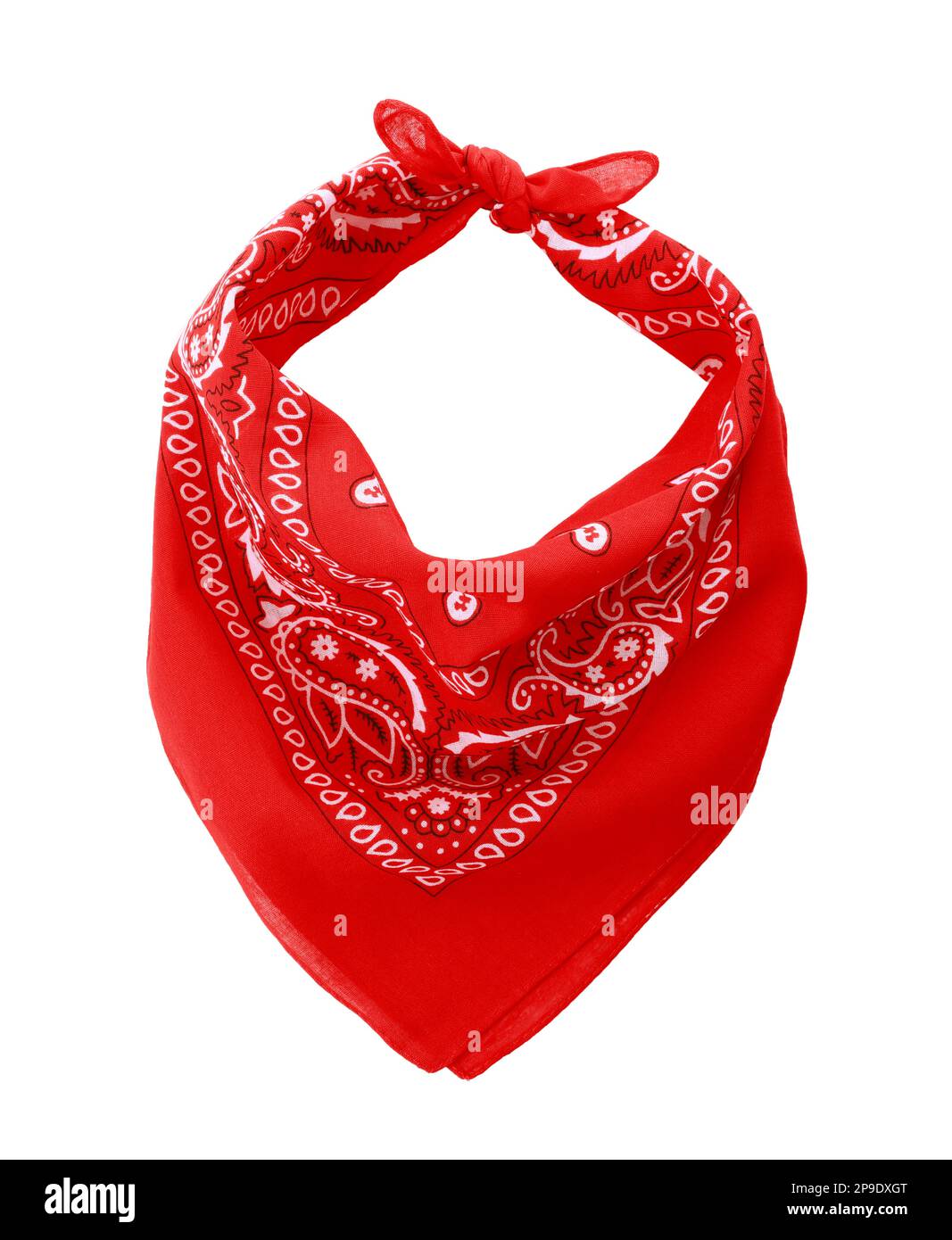Tied red bandana with paisley pattern isolated on white, top view Stock ...