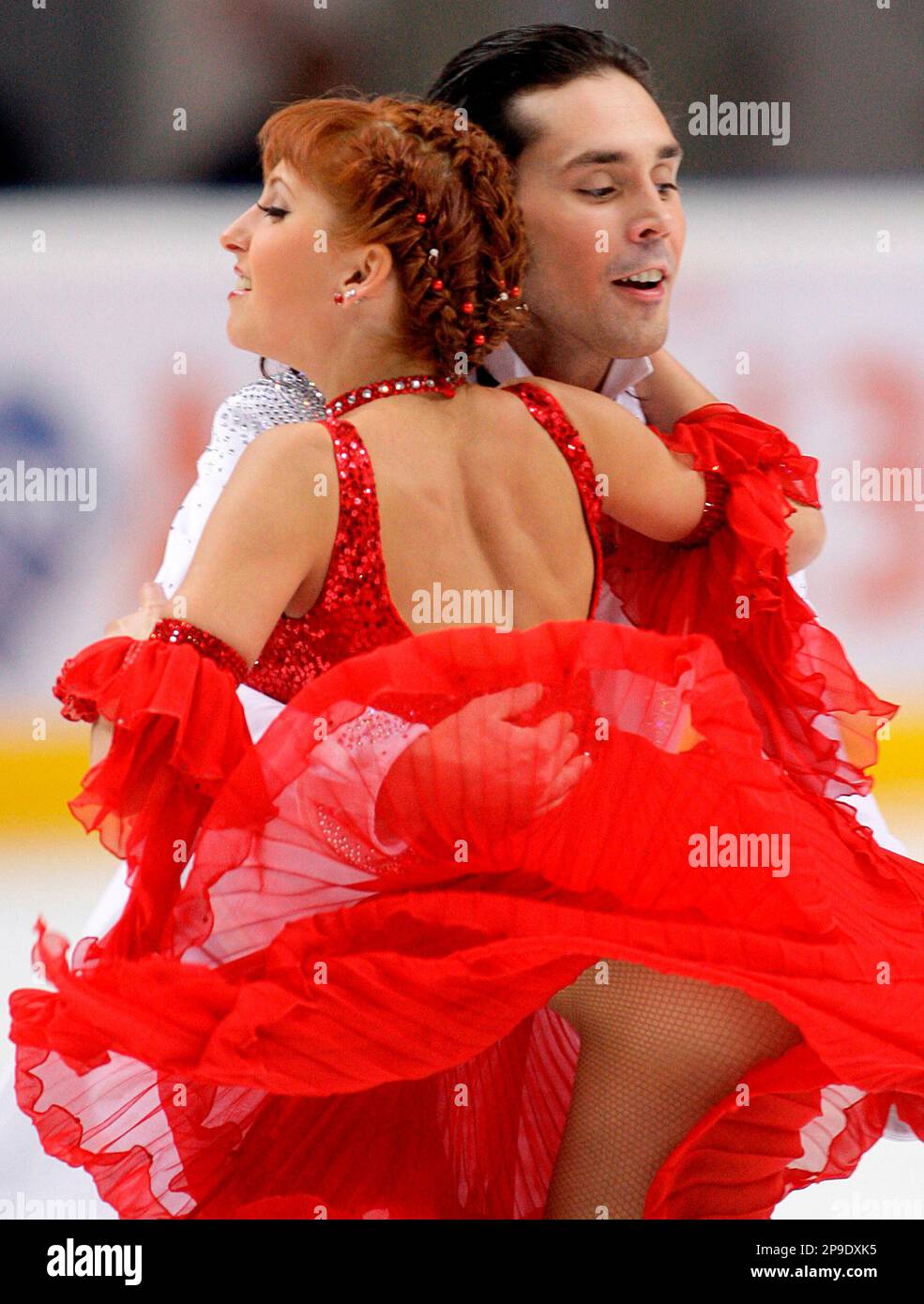 Ice dancers Jana Khokhlova and Sergei Novitski, of Russia, perform