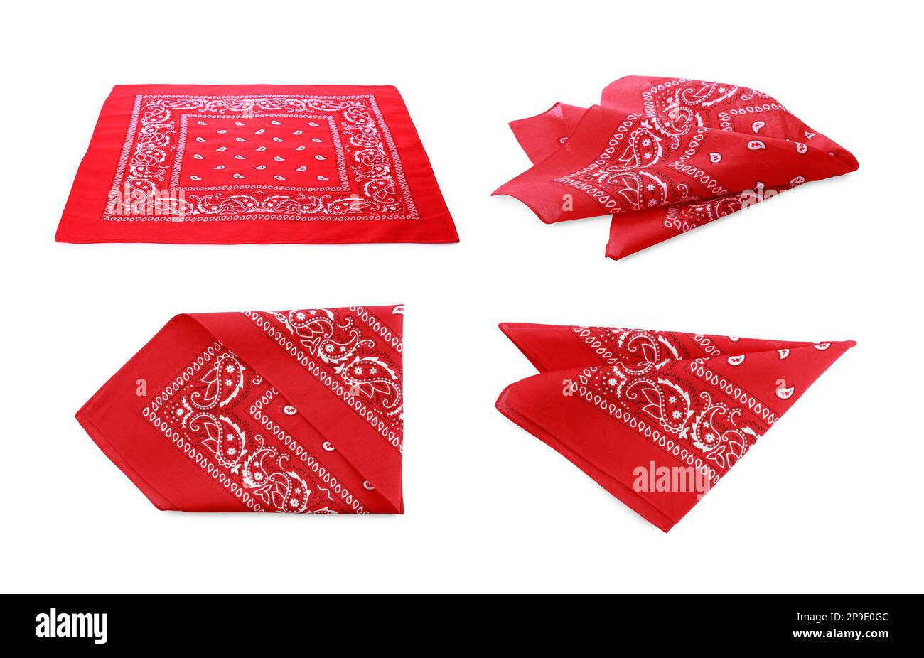Red bandanas with paisley pattern on white background, collage Stock