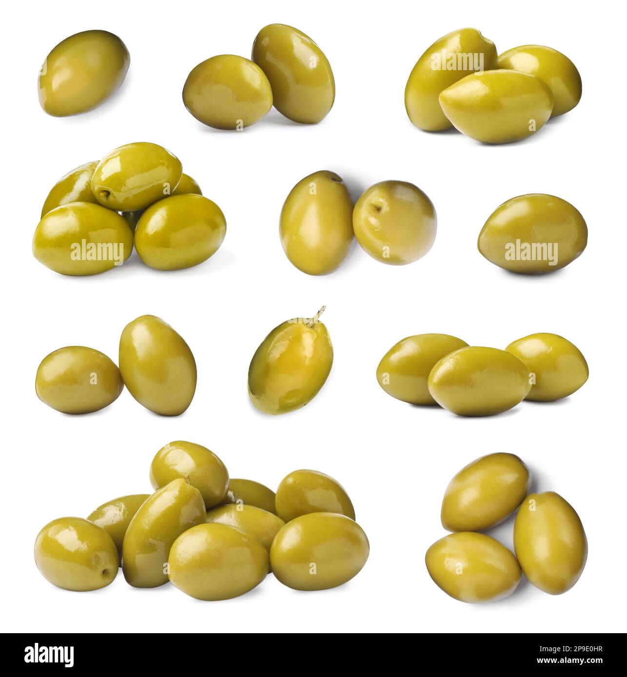 Set with fresh green olives on white background Stock Photo - Alamy