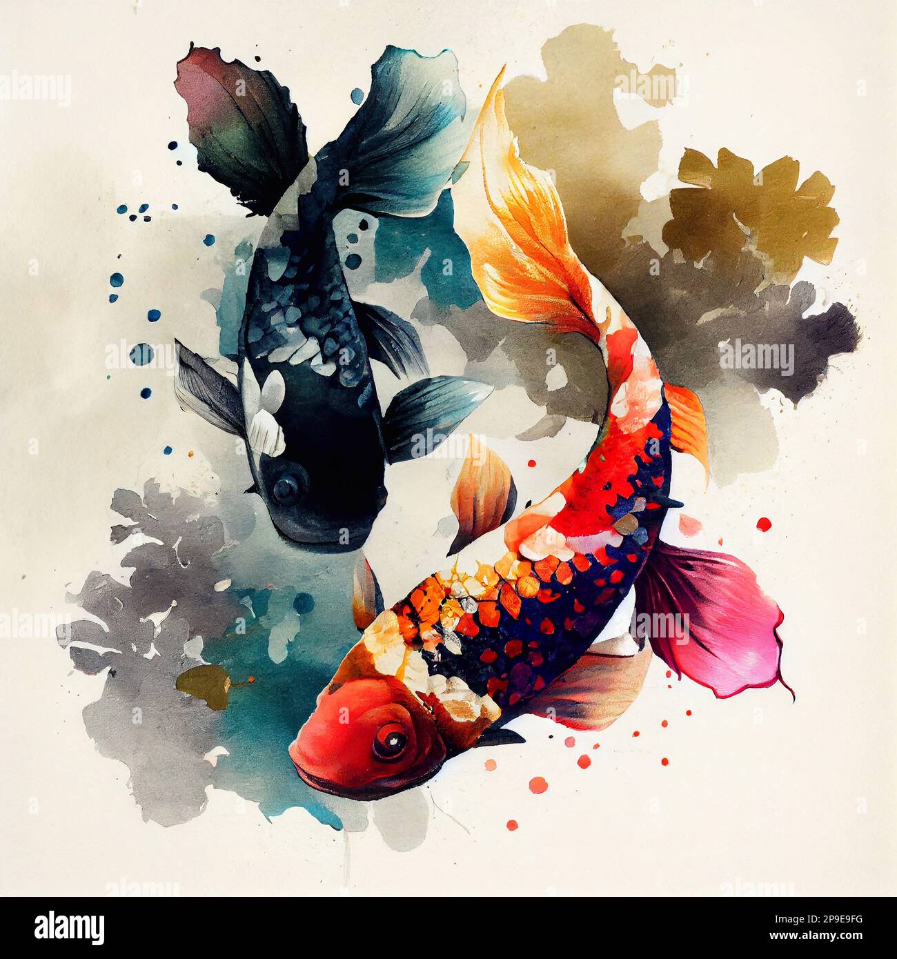 Koi fish illustration in realistic brush modern art style, traditional Japanese painting style. Stock Photo