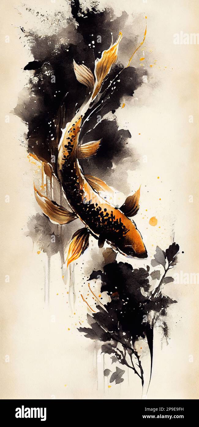 Koi fish illustration in realistic brush modern art style, traditional Japanese painting style. Stock Photo