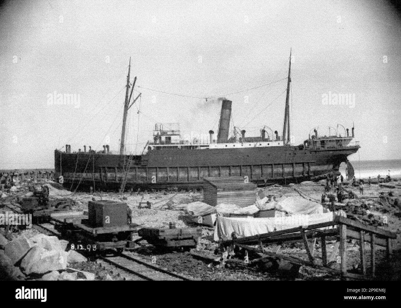 Steamship Mapourika under repair at Greymouth, December, 1898, Greymouth, Westland, New Zealand. Stock Photo