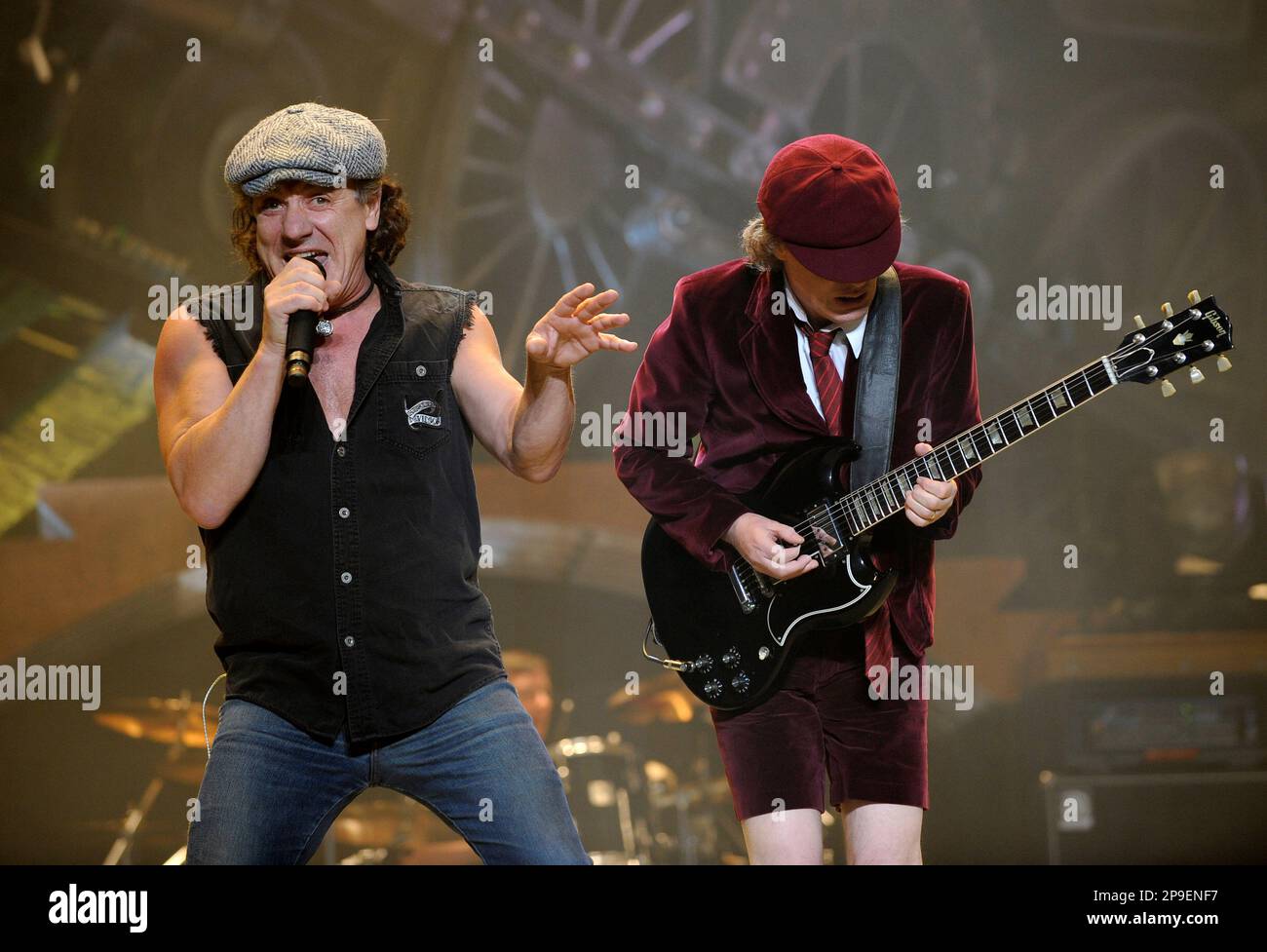 AC/DC lead singer Brian Johnson, left, and lead guitarist Angus Young ...