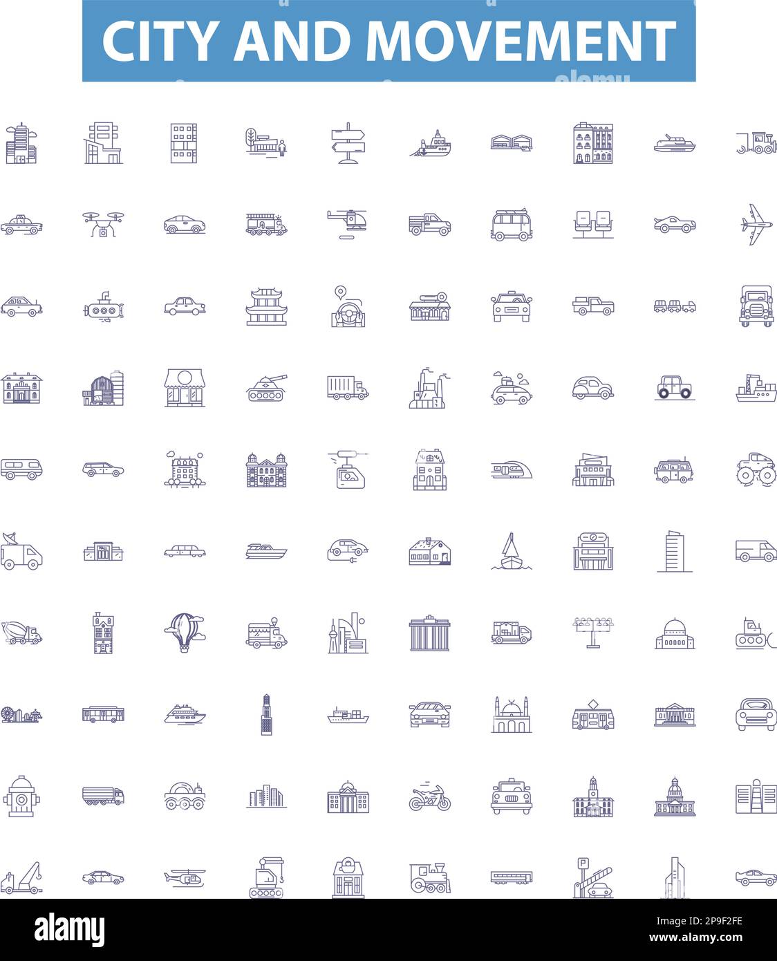 City and movement line icons, signs set. city, movement, transportation, urban, pedestrian, bike, car, bus, train outline vector illustrations. Stock Vector
