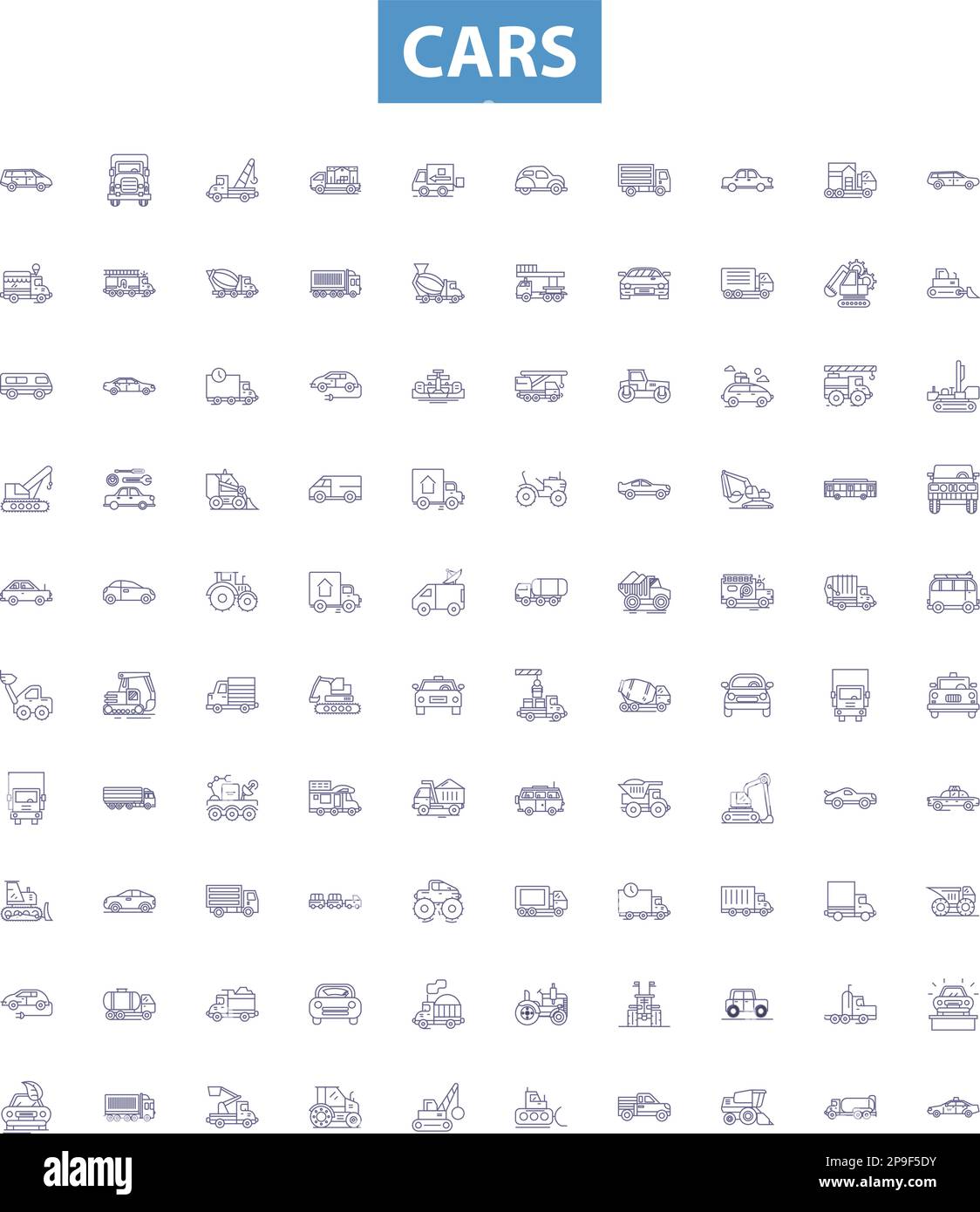 Cars line icons, signs set. Automobile, Sedan, SUV, Crossover, Hatchback, Convertible, Coupe, Hybrid, Truck outline vector illustrations. Stock Vector