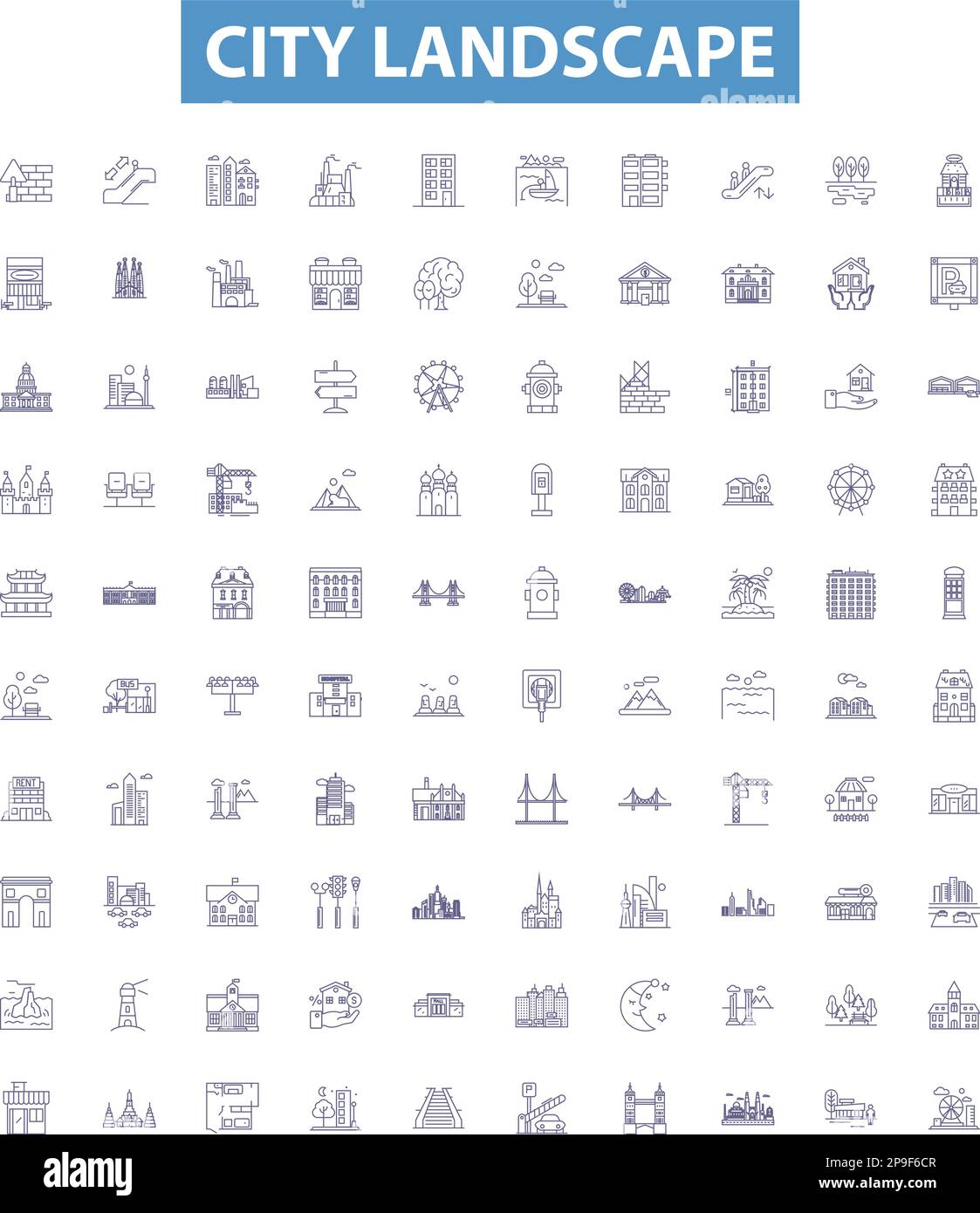 City landscape line icons, signs set. Urban, skyline, streetscape, skyline, architecture, metropolis, vista, hustle, bustle outline vector Stock Vector