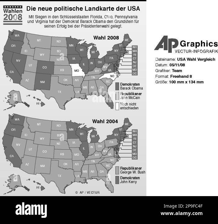 GRA9 GRAFIK USA WAHL VERGLEICH - Karten der USA mit Einfaerbung der  Bundesstaaten nach der Wahlentscheidung fuer