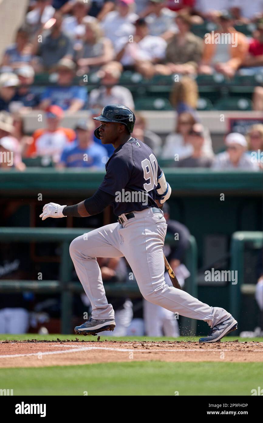 New York Yankees Estevan Florial (90) bats during spring training baseball against the Detroit Tigers on March 10, 2023 at Field at Joker Stadium in Lakeland, Florida. (Mike