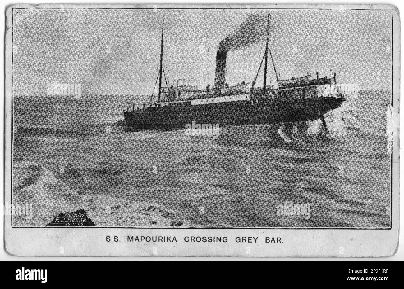 Postcard of the Mapourika crossing the treacherous bar of the Grey
