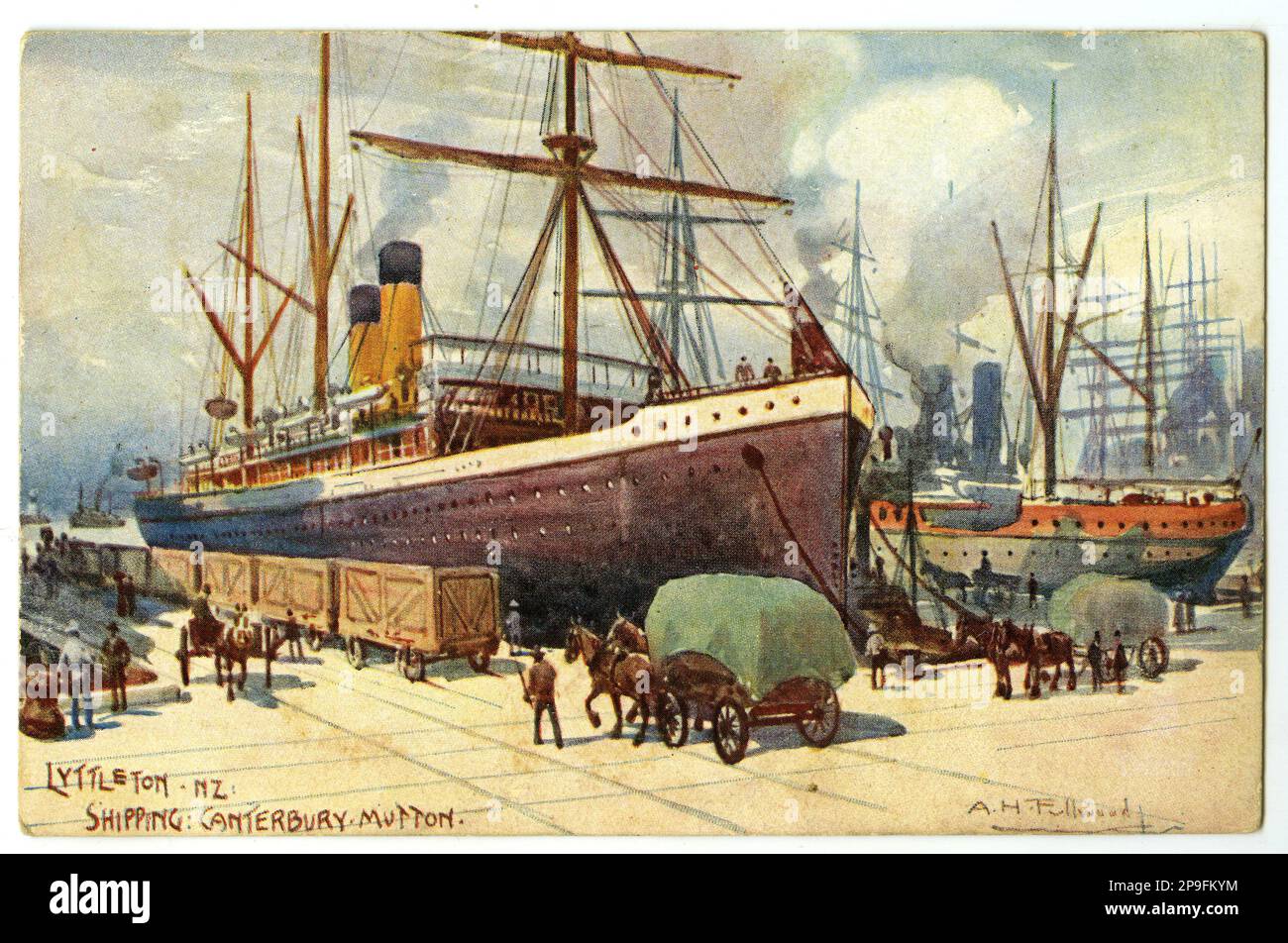 Postcard showing ships loading up with mutton at the Port of Lyttleton, near Christchurch, New Zealand, probably in the 1930s. Stock Photo